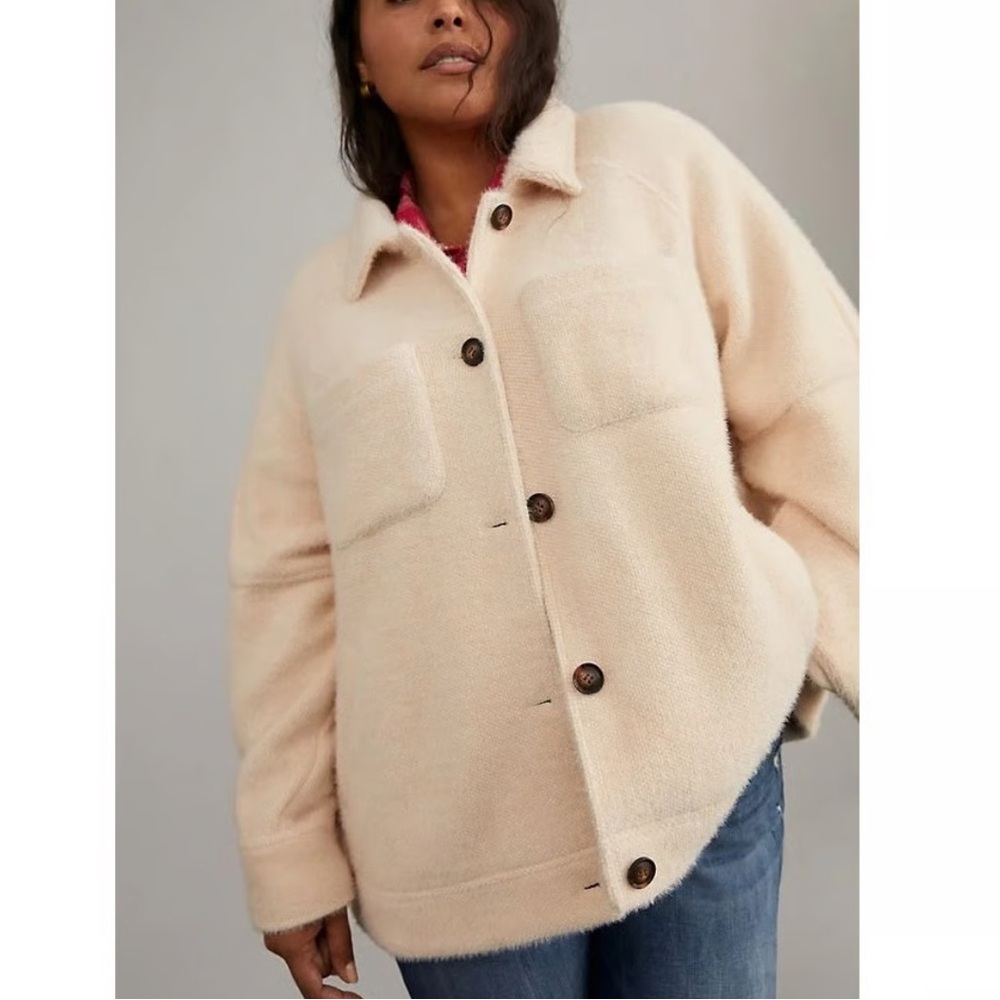 Anthropologie Greylin Cream Teddy Shacket with Button-Up Design